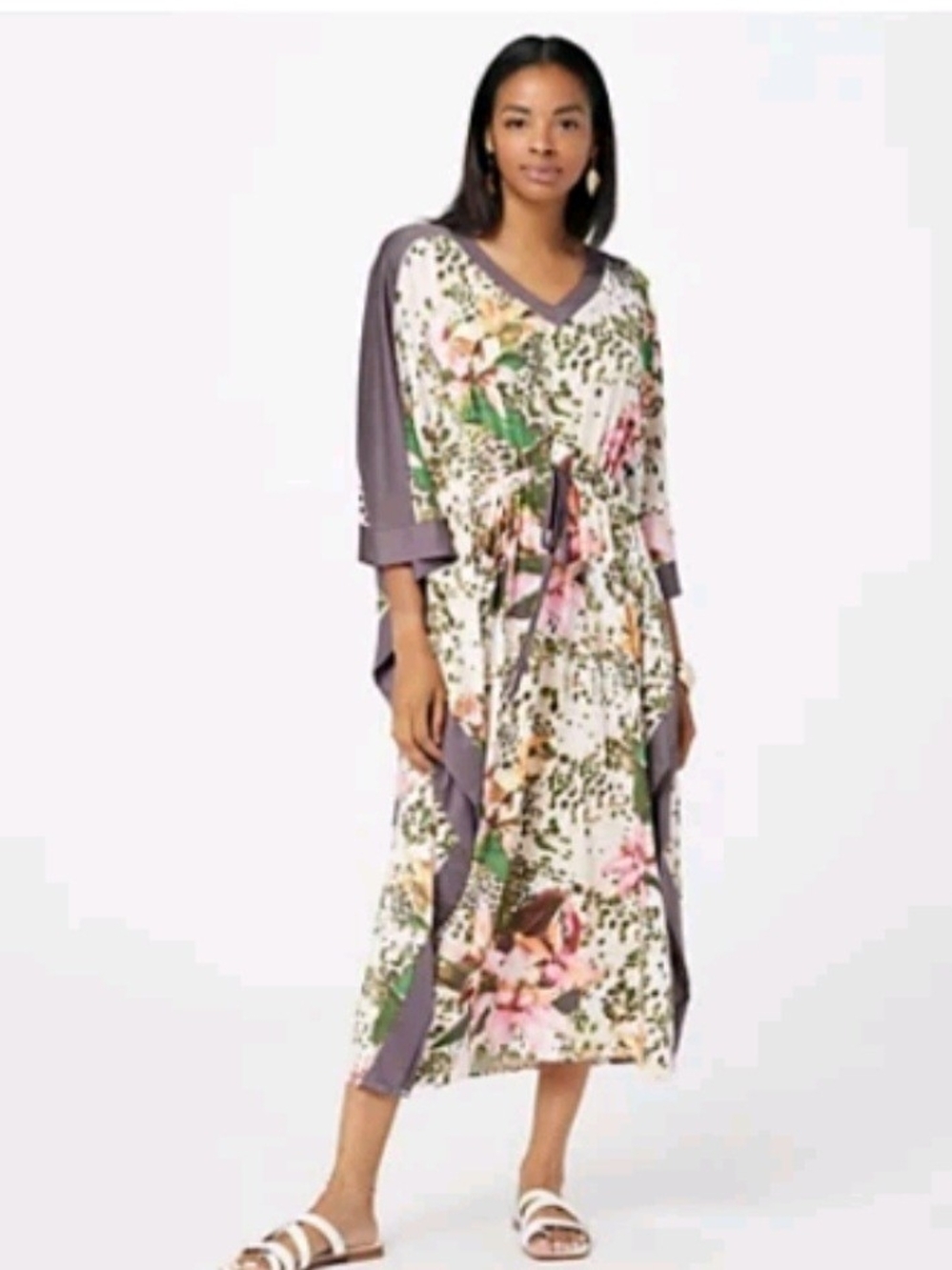 Carole Hochman Plus Size Floral V-Neck Kaftan with Purple Trim Oversized XL/1x